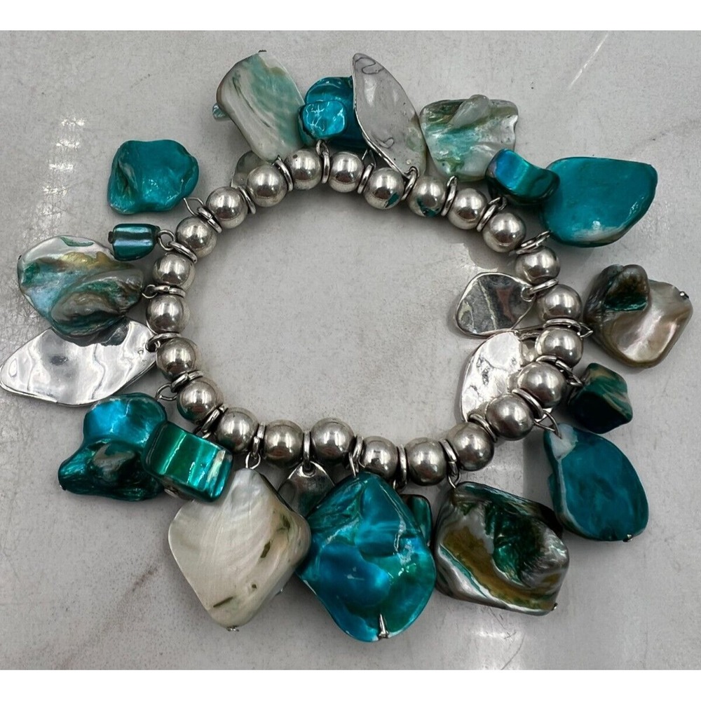 Teal Abalone Shell Chunky Stretch Charm Bracelet Silver Tone Boho Coastal